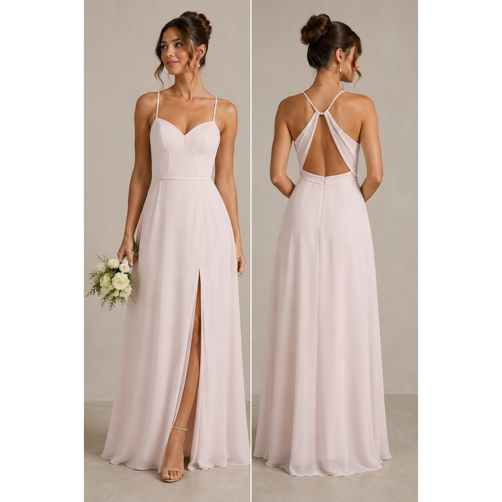 Azazie Blush Pink Chiffon Maxi Dress Strappy Back High Slit Formal Gown A4